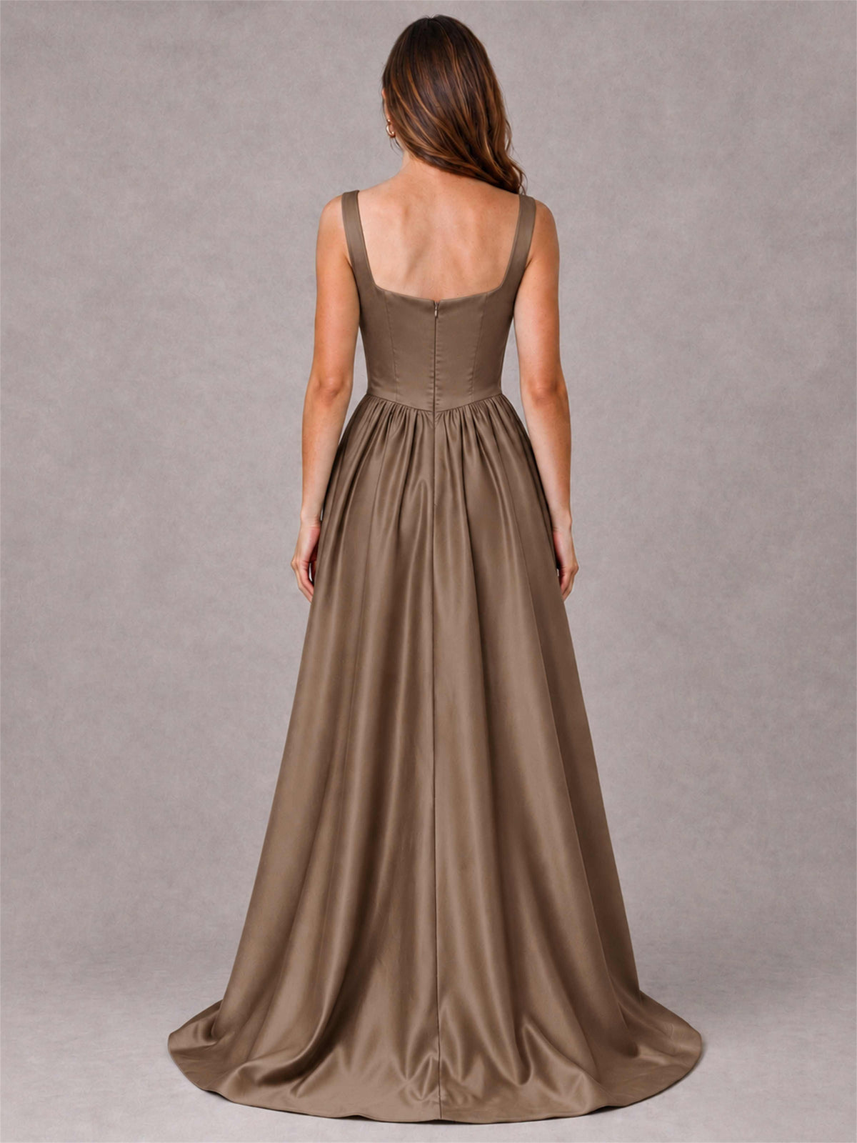 Cowl Neck Strap Satin Formal Dress High Slit A-Line Floor Length Evening Gown