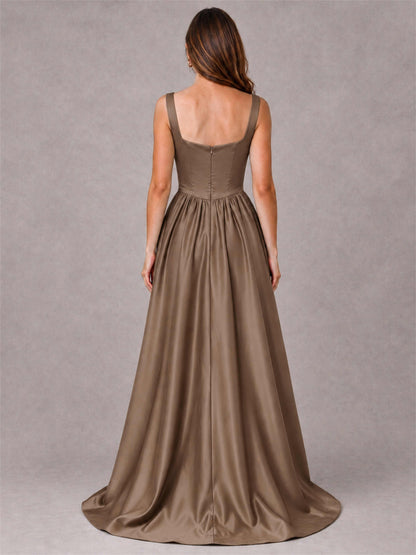 Cowl Neck Strap Satin Formal Dress High Slit A-Line Floor Length Evening Gown