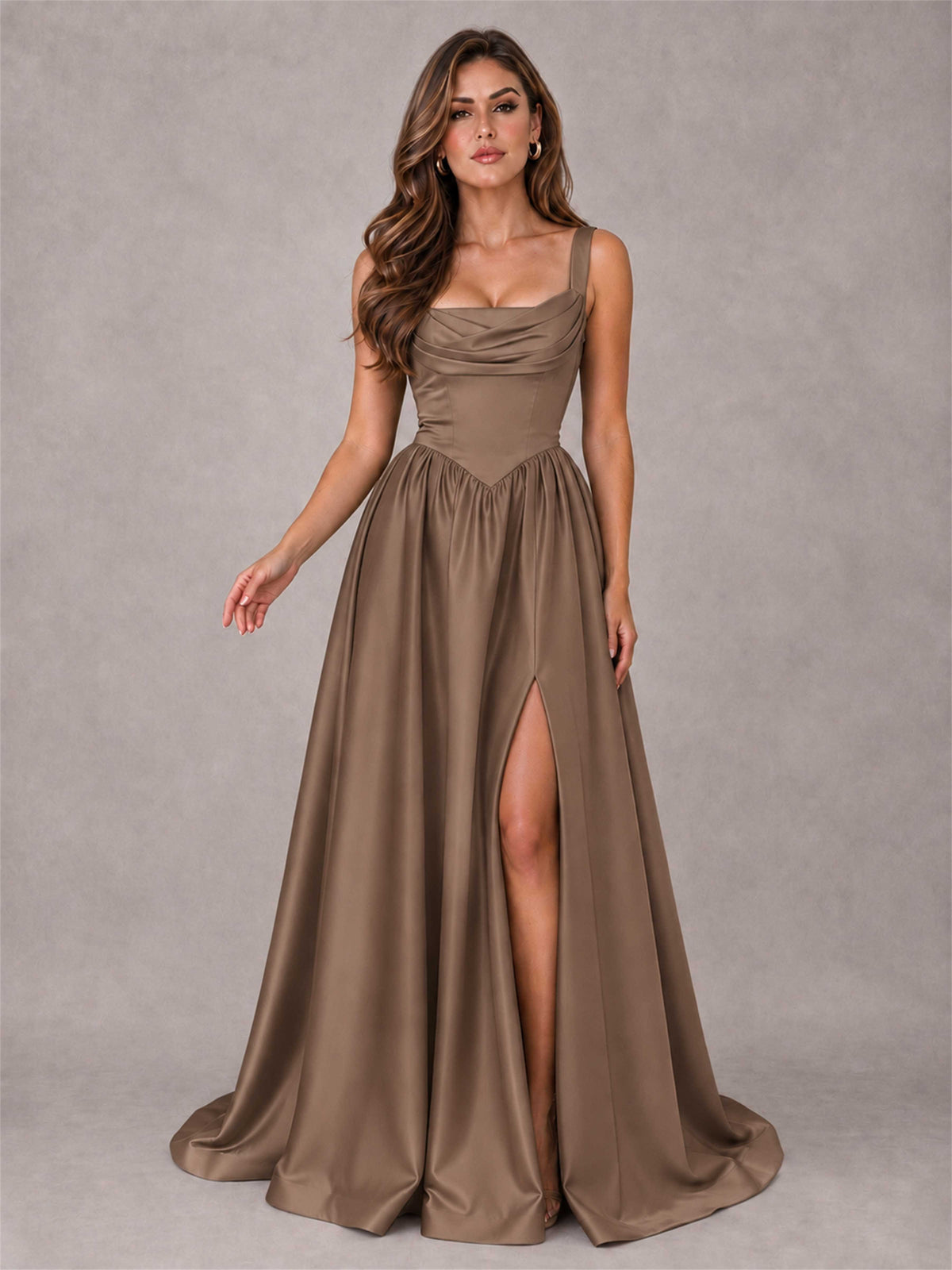 Cowl Neck Strap Satin Formal Dress High Slit A-Line Floor Length Evening Gown