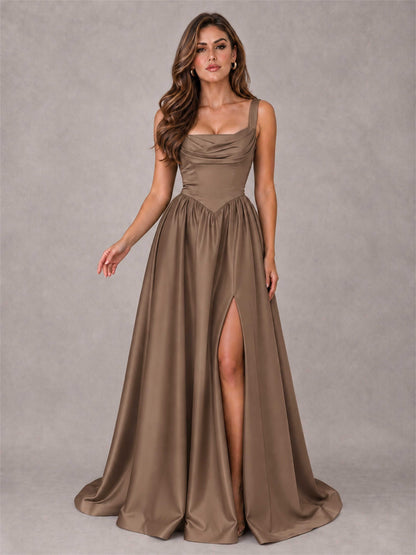 Cowl Neck Strap Satin Formal Dress High Slit A-Line Floor Length Evening Gown