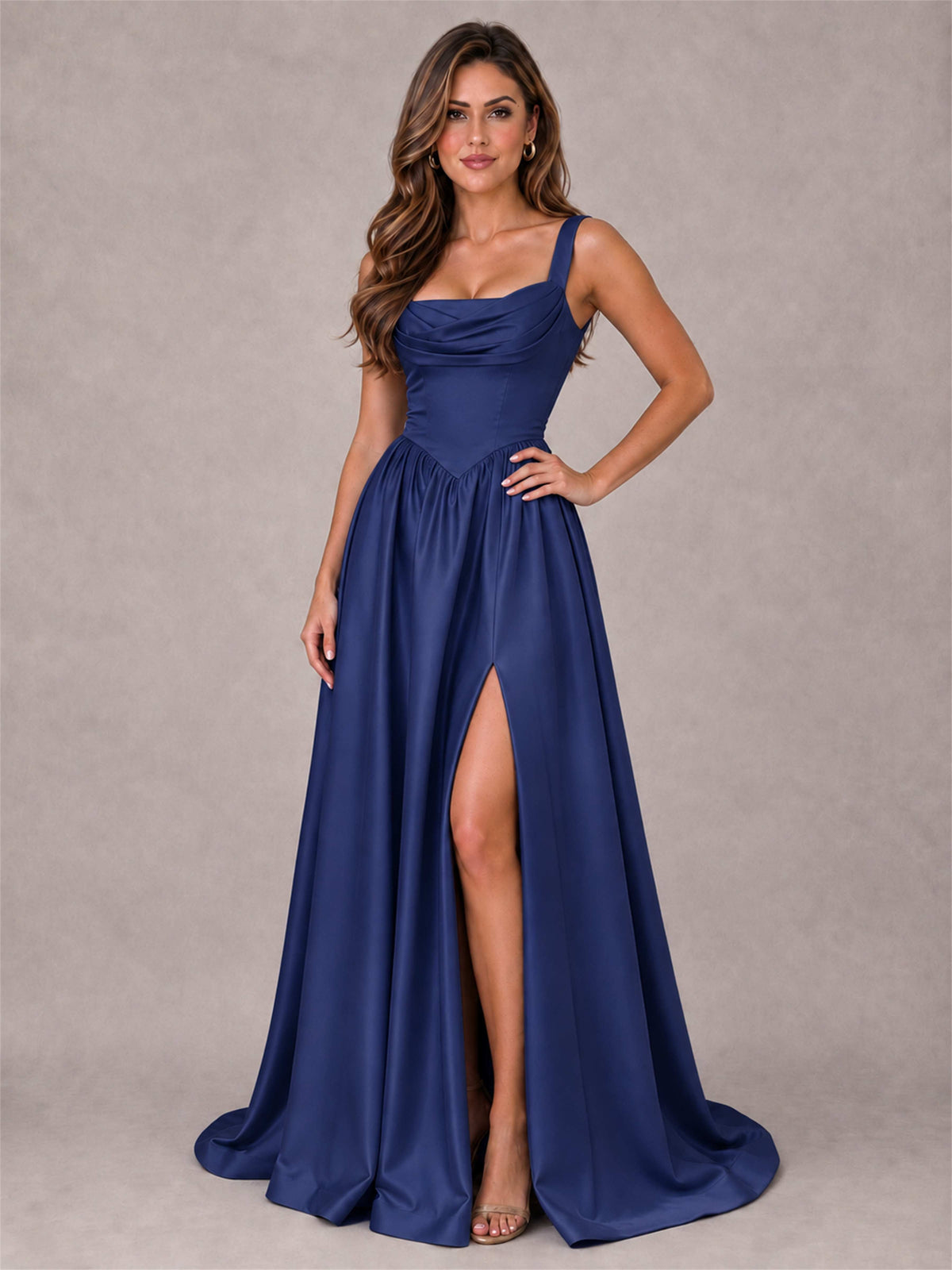 Cowl Neck Strap Satin Formal Dress High Slit A-Line Floor Length Evening Gown