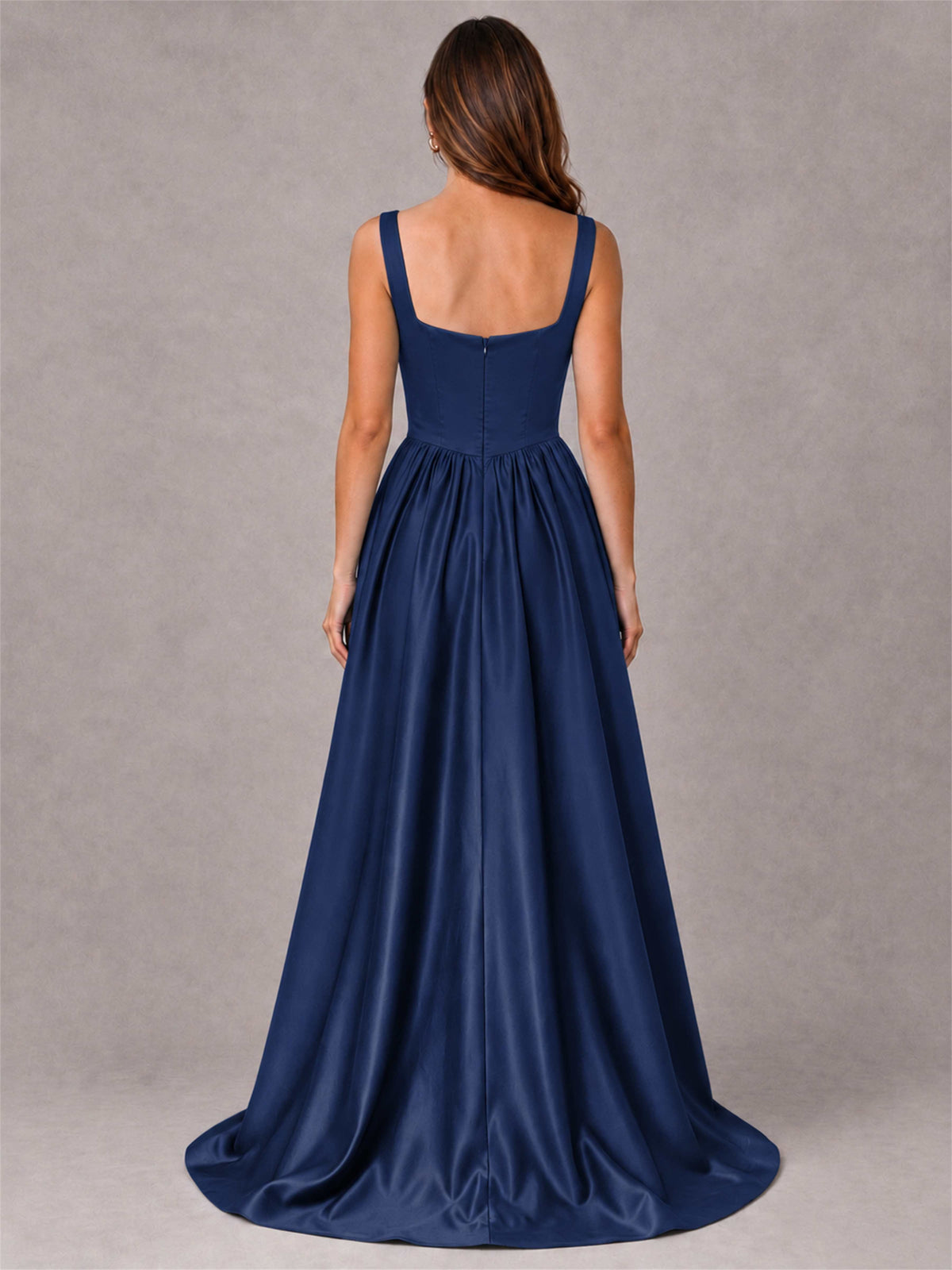 Cowl Neck Strap Satin Formal Dress High Slit A-Line Floor Length Evening Gown