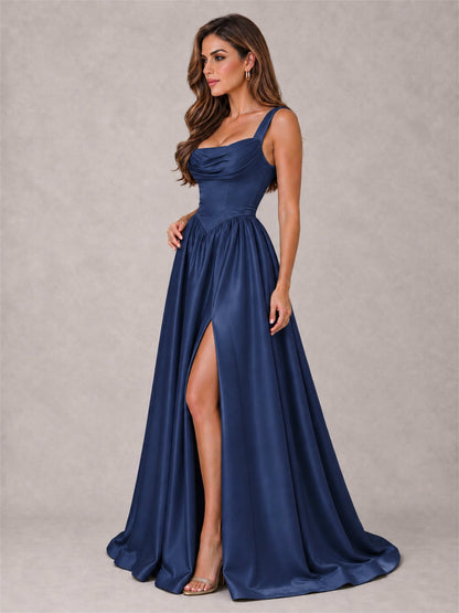 Cowl Neck Strap Satin Formal Dress High Slit A-Line Floor Length Evening Gown