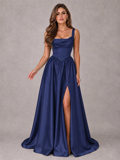 Cowl Neck Strap Satin Formal Dress High Slit A-Line Floor Length Evening Gown