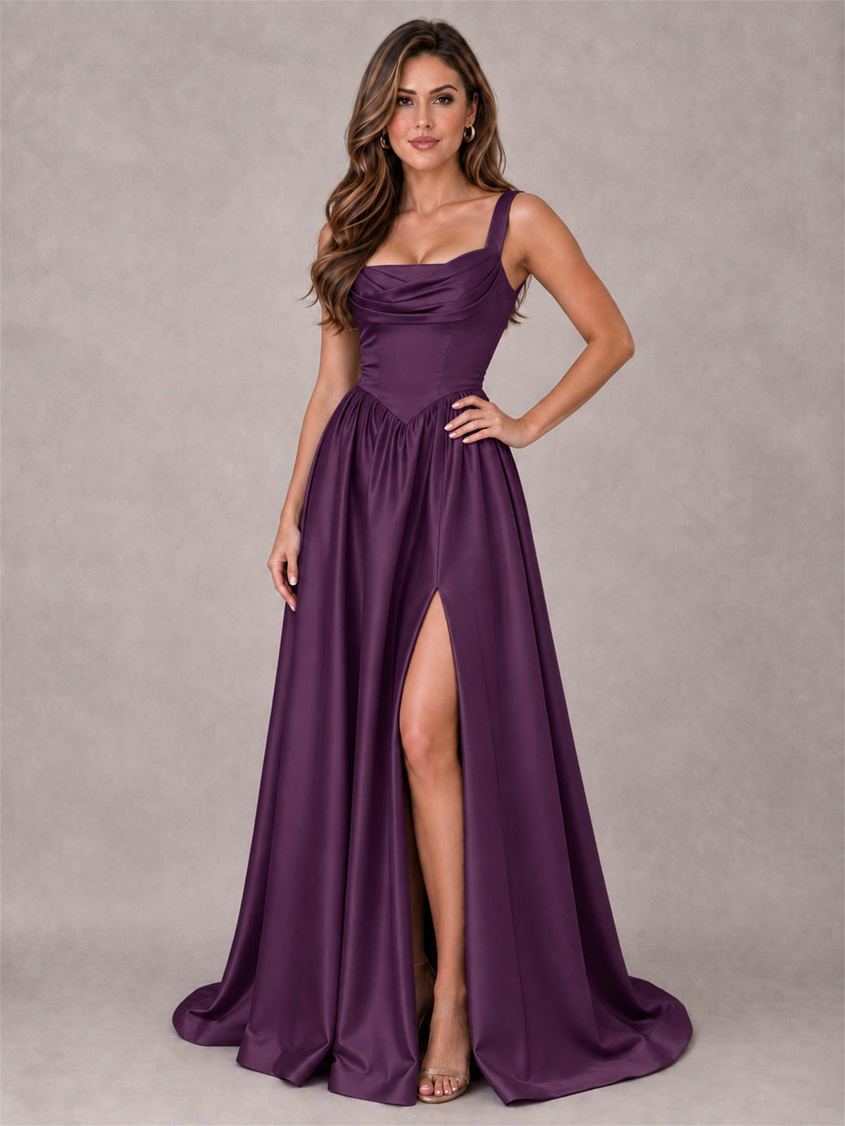 Cowl Neck Strap Satin Formal Dress High Slit A-Line Floor Length Evening Gown