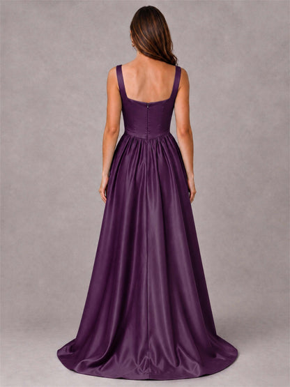 Cowl Neck Strap Satin Formal Dress High Slit A-Line Floor Length Evening Gown