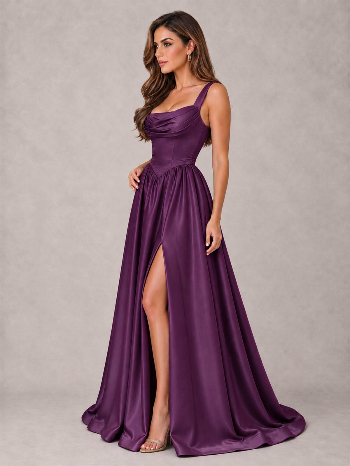 Cowl Neck Strap Satin Formal Dress High Slit A-Line Floor Length Evening Gown