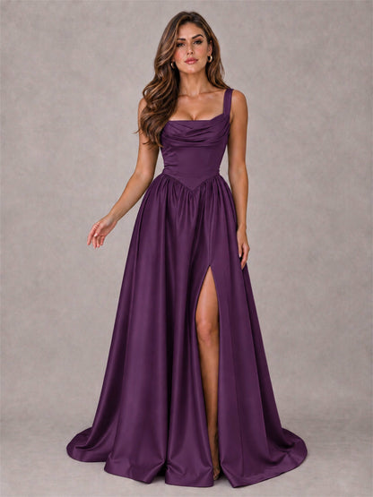 Cowl Neck Strap Satin Formal Dress High Slit A-Line Floor Length Evening Gown