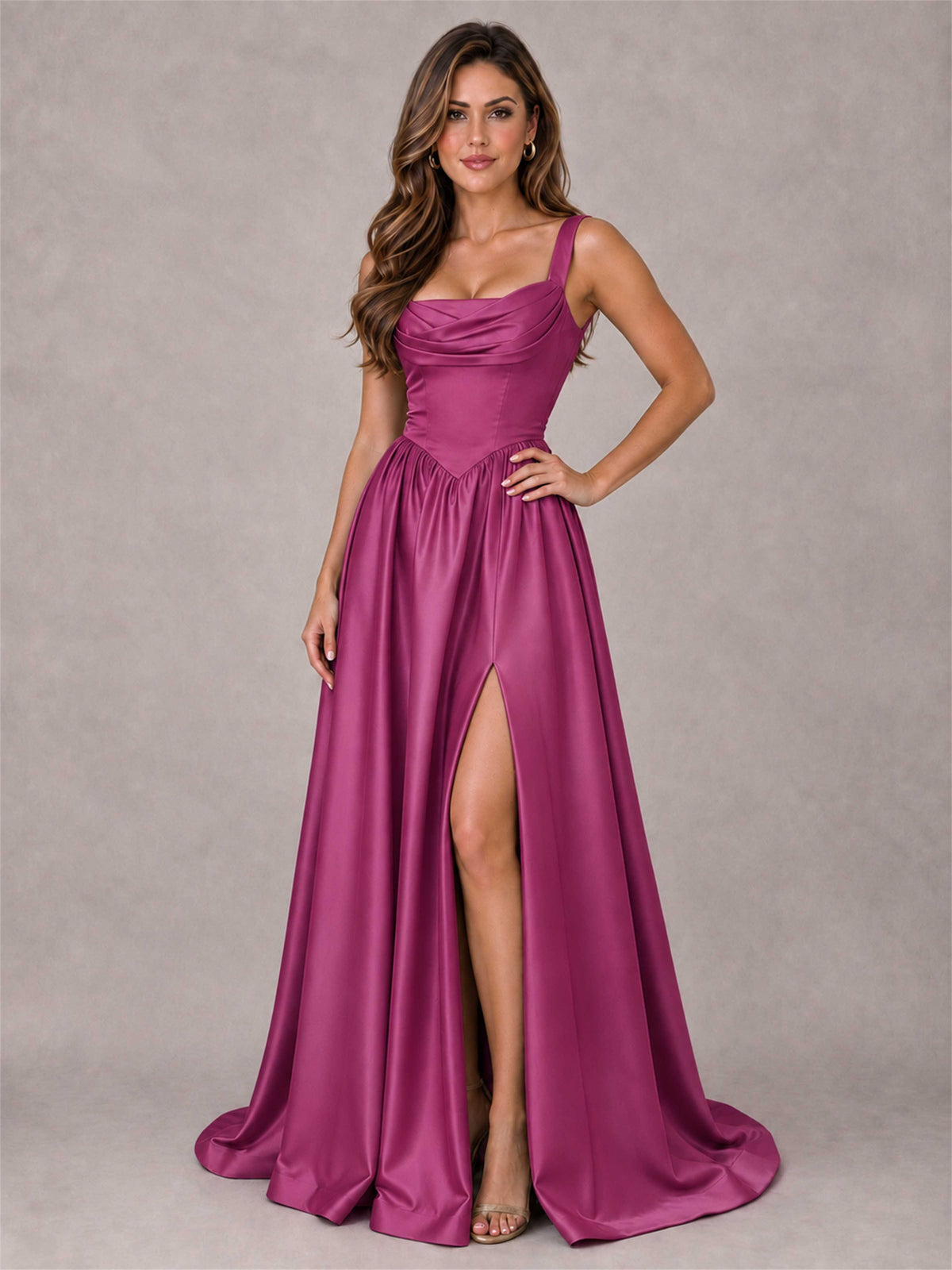 Cowl Neck Strap Satin Formal Dress High Slit A-Line Floor Length Evening Gown