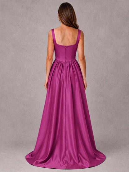 Cowl Neck Strap Satin Formal Dress High Slit A-Line Floor Length Evening Gown
