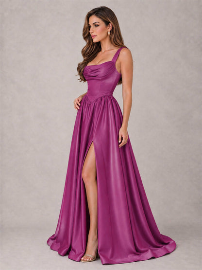 Cowl Neck Strap Satin Formal Dress High Slit A-Line Floor Length Evening Gown