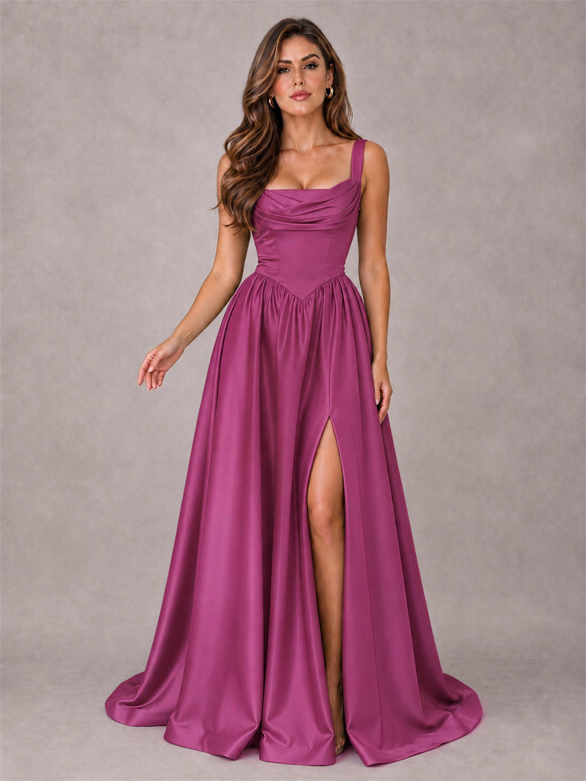 Cowl Neck Strap Satin Formal Dress High Slit A-Line Floor Length Evening Gown