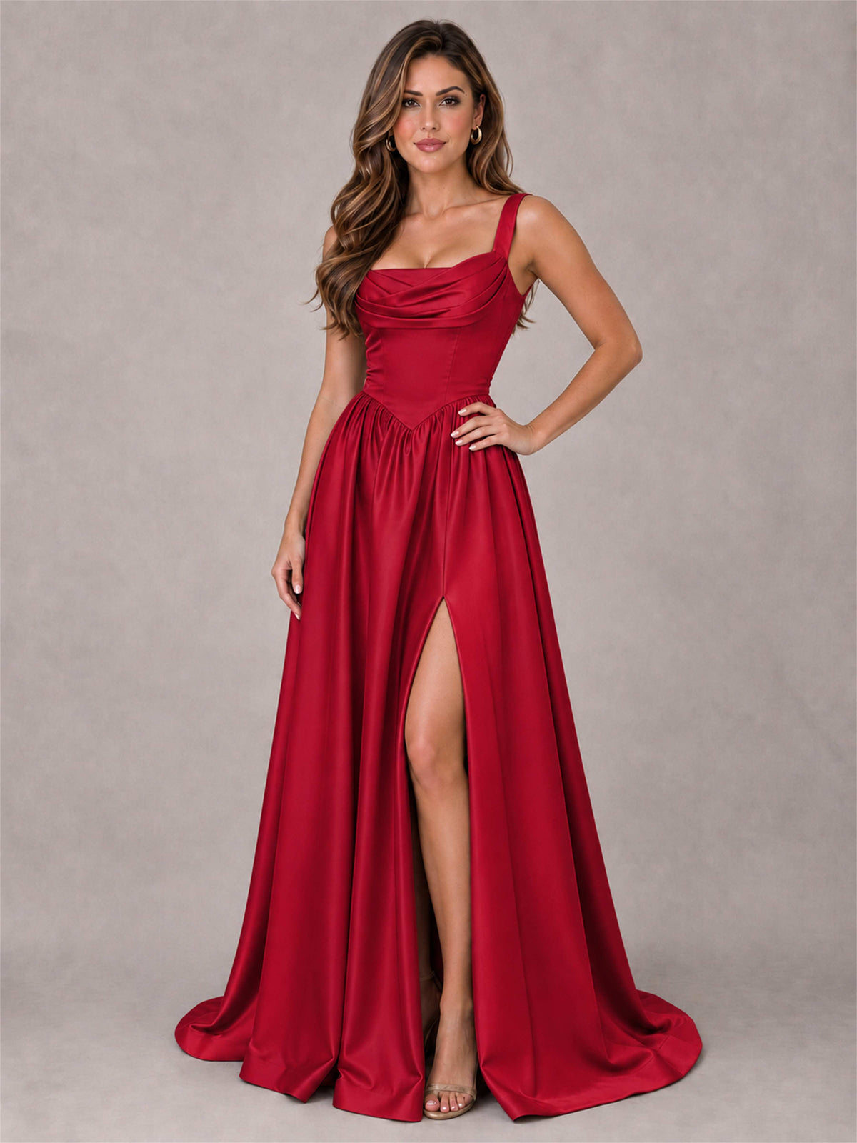 Cowl Neck Strap Satin Formal Dress High Slit A-Line Floor Length Evening Gown