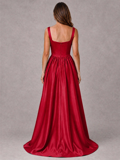 Cowl Neck Strap Satin Formal Dress High Slit A-Line Floor Length Evening Gown