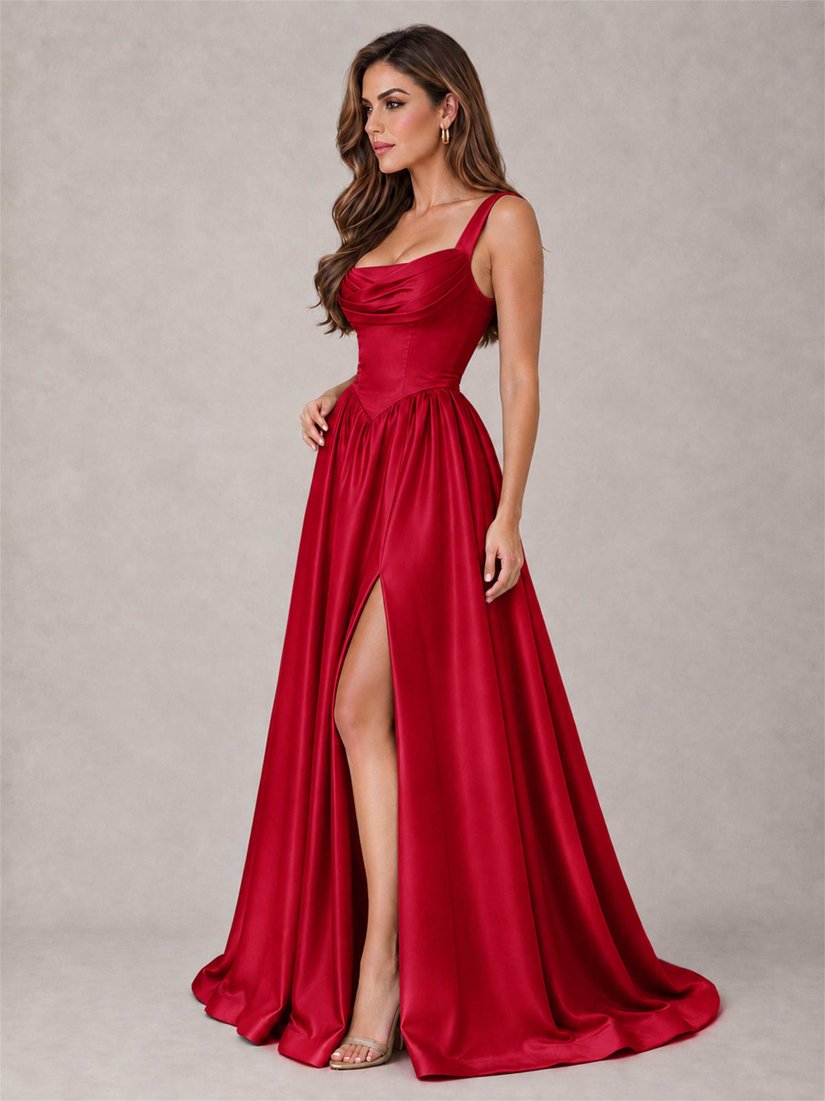 Cowl Neck Strap Satin Formal Dress High Slit A-Line Floor Length Evening Gown