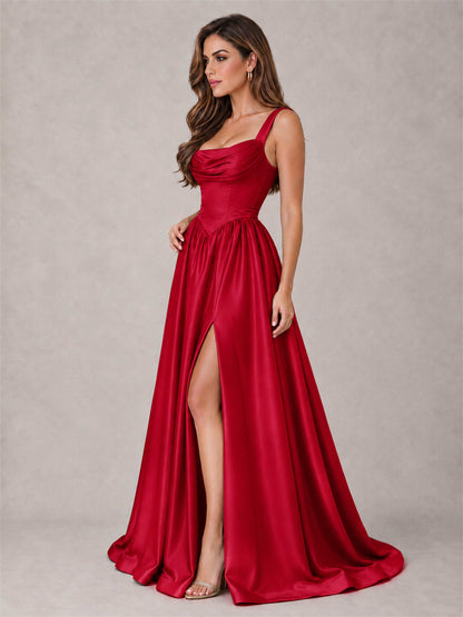 Cowl Neck Strap Satin Formal Dress High Slit A-Line Floor Length Evening Gown