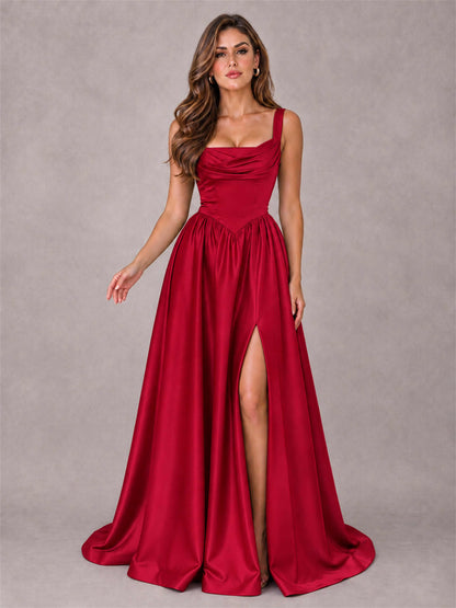 Cowl Neck Strap Satin Formal Dress High Slit A-Line Floor Length Evening Gown