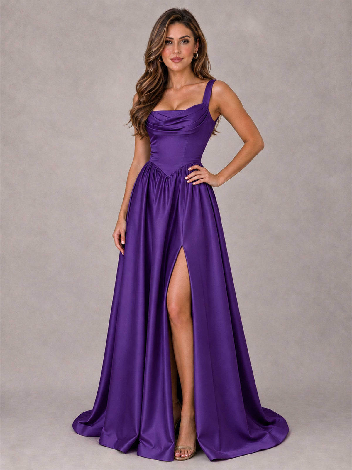 Cowl Neck Strap Satin Formal Dress High Slit A-Line Floor Length Evening Gown