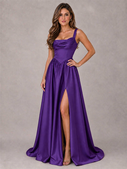 Cowl Neck Strap Satin Formal Dress High Slit A-Line Floor Length Evening Gown