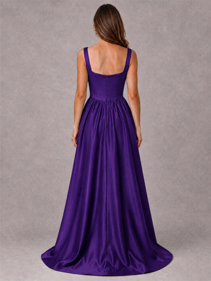 Cowl Neck Strap Satin Formal Dress High Slit A-Line Floor Length Evening Gown