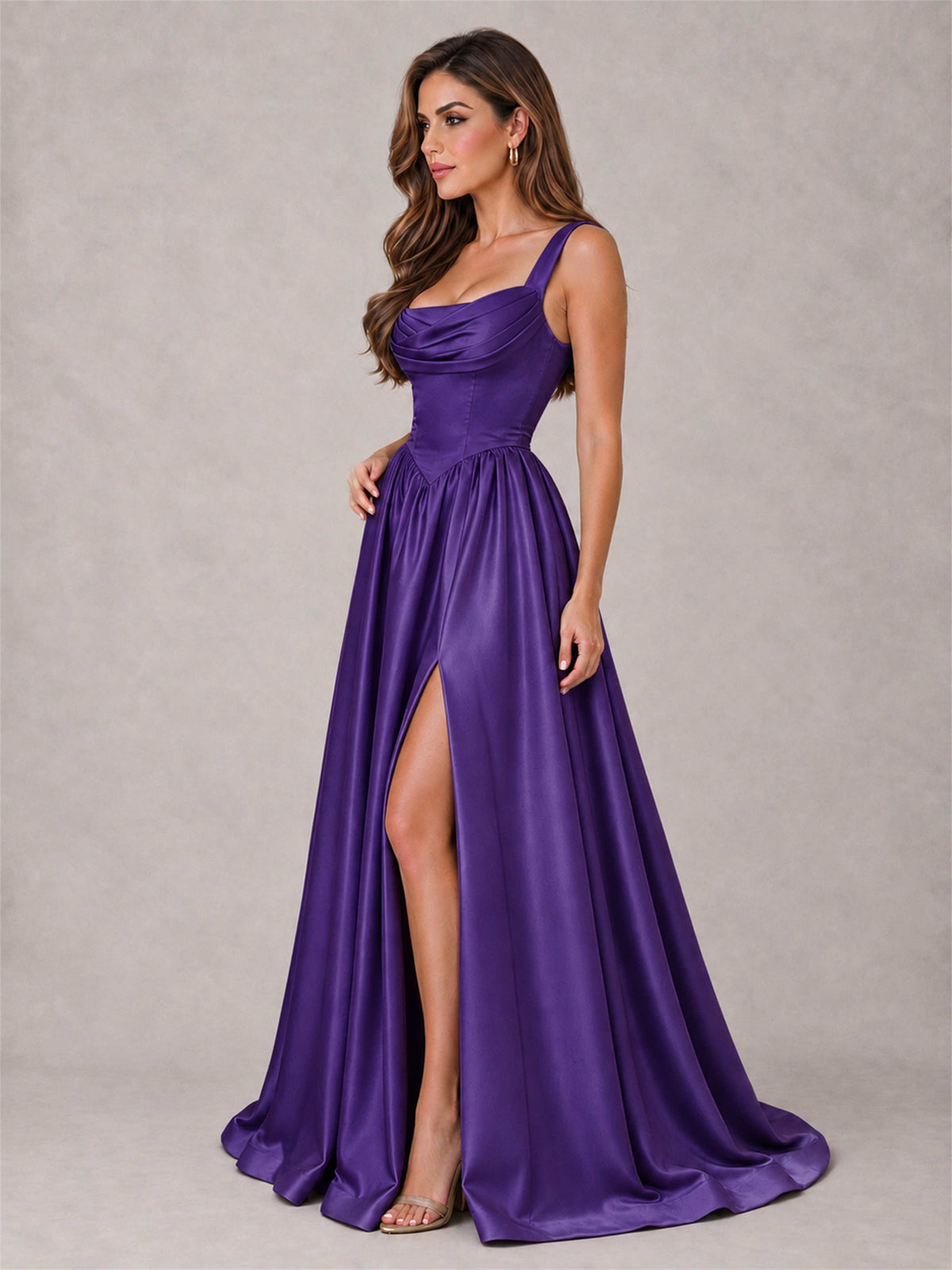 Cowl Neck Strap Satin Formal Dress High Slit A-Line Floor Length Evening Gown