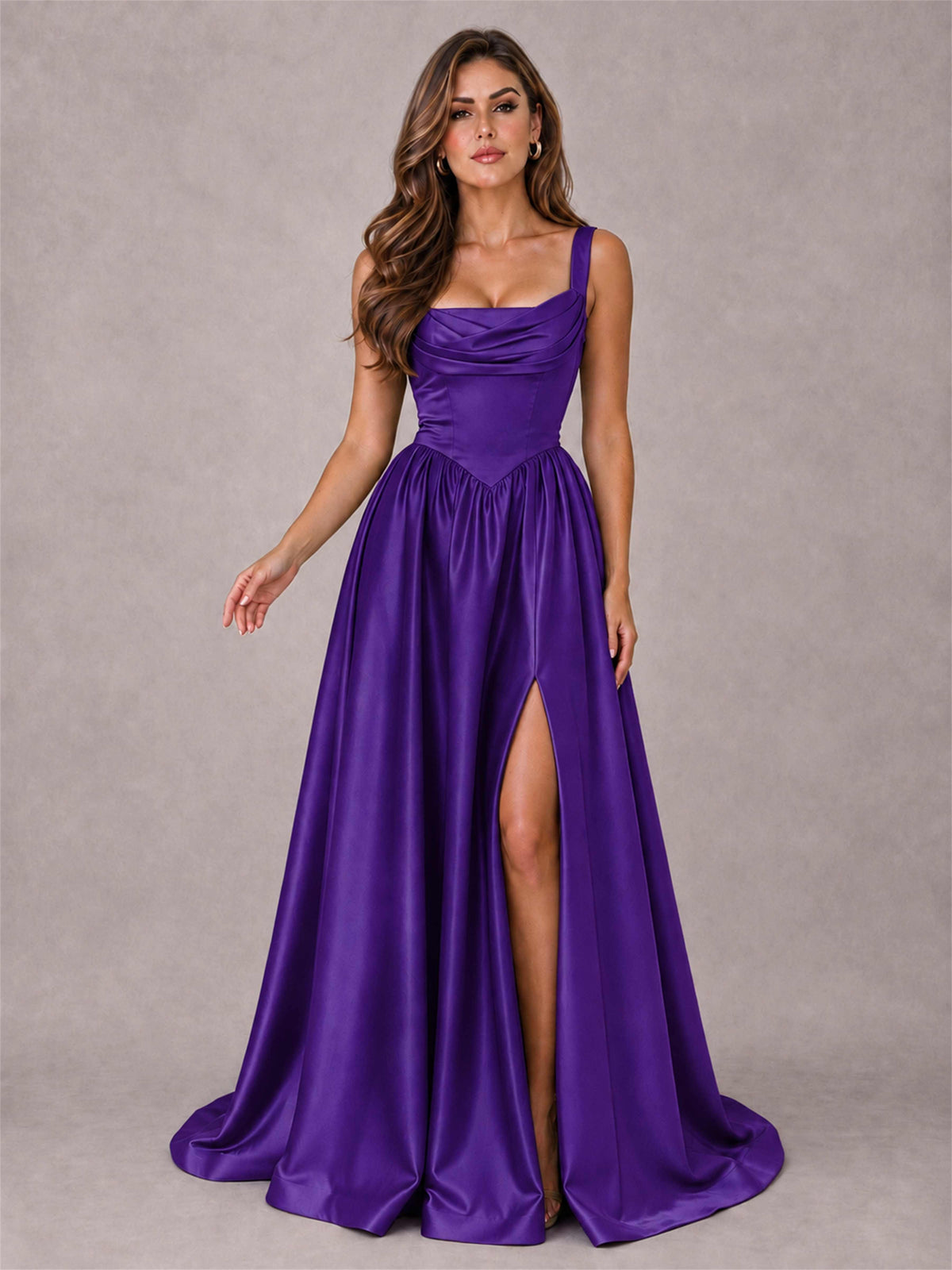 Cowl Neck Strap Satin Formal Dress High Slit A-Line Floor Length Evening Gown