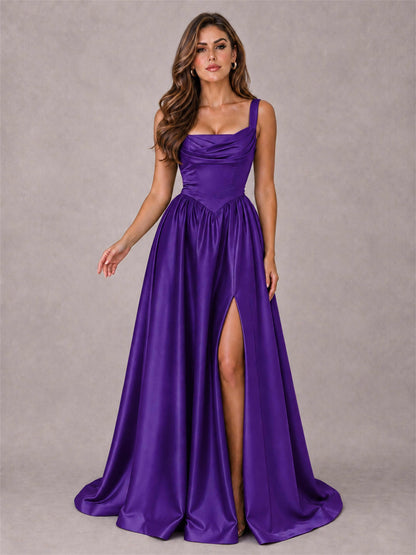 Cowl Neck Strap Satin Formal Dress High Slit A-Line Floor Length Evening Gown