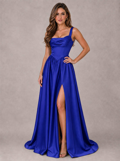 Cowl Neck Strap Satin Formal Dress High Slit A-Line Floor Length Evening Gown