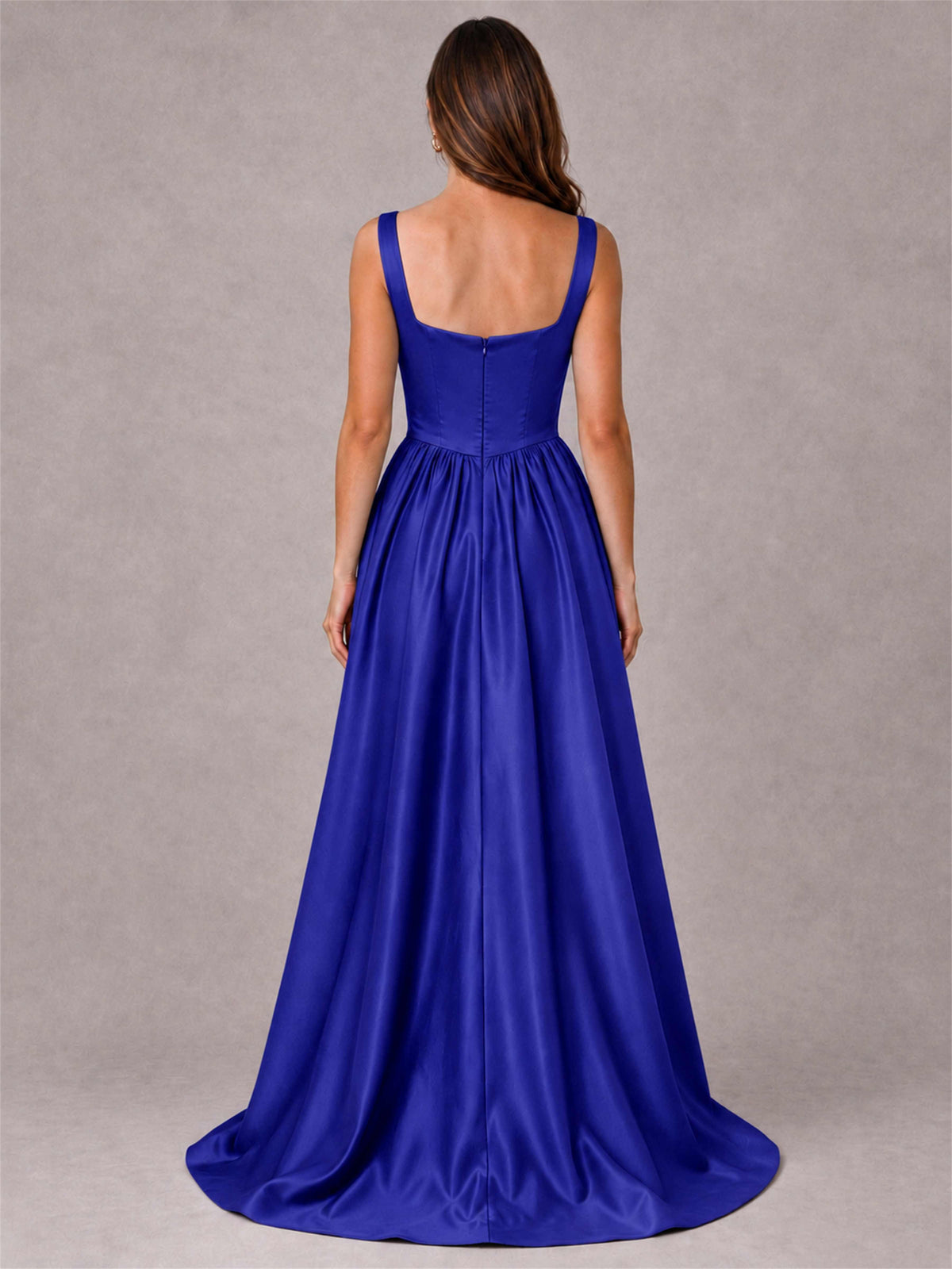 Cowl Neck Strap Satin Formal Dress High Slit A-Line Floor Length Evening Gown