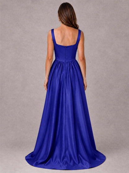 Cowl Neck Strap Satin Formal Dress High Slit A-Line Floor Length Evening Gown