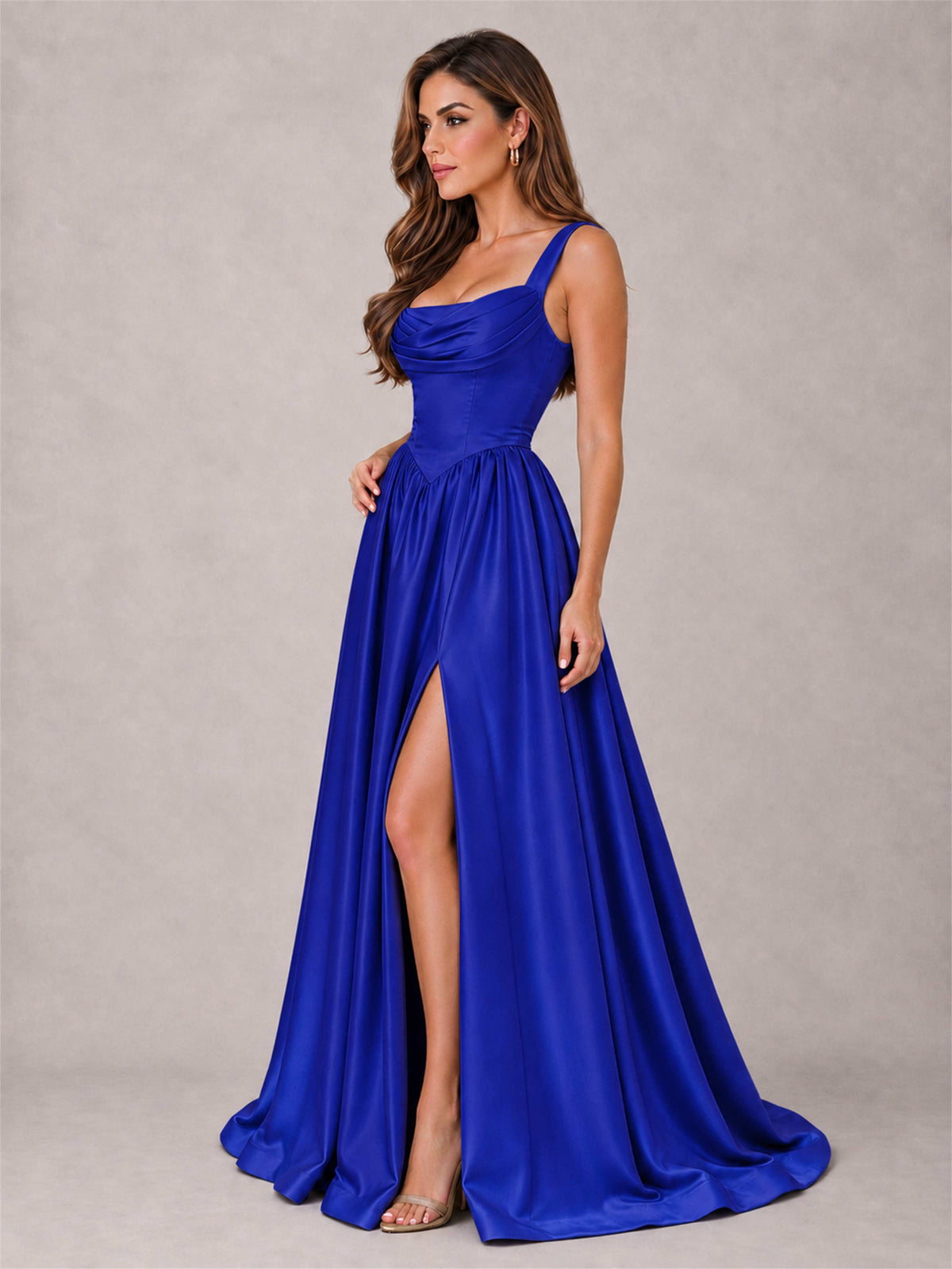Cowl Neck Strap Satin Formal Dress High Slit A-Line Floor Length Evening Gown