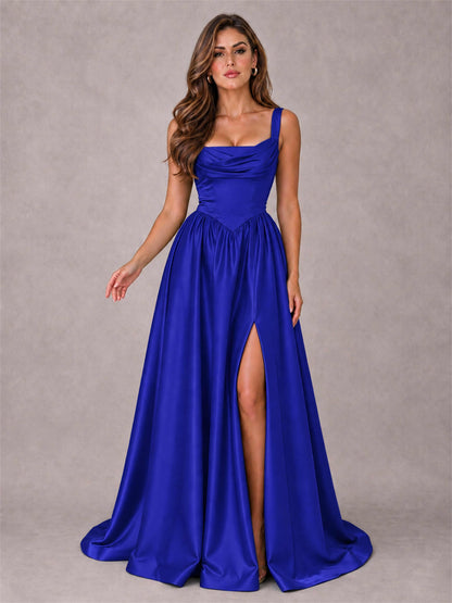 Cowl Neck Strap Satin Formal Dress High Slit A-Line Floor Length Evening Gown