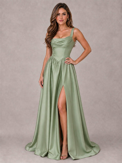 Cowl Neck Strap Satin Formal Dress High Slit A-Line Floor Length Evening Gown