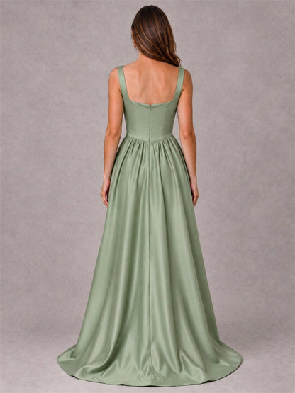 Cowl Neck Strap Satin Formal Dress High Slit A-Line Floor Length Evening Gown
