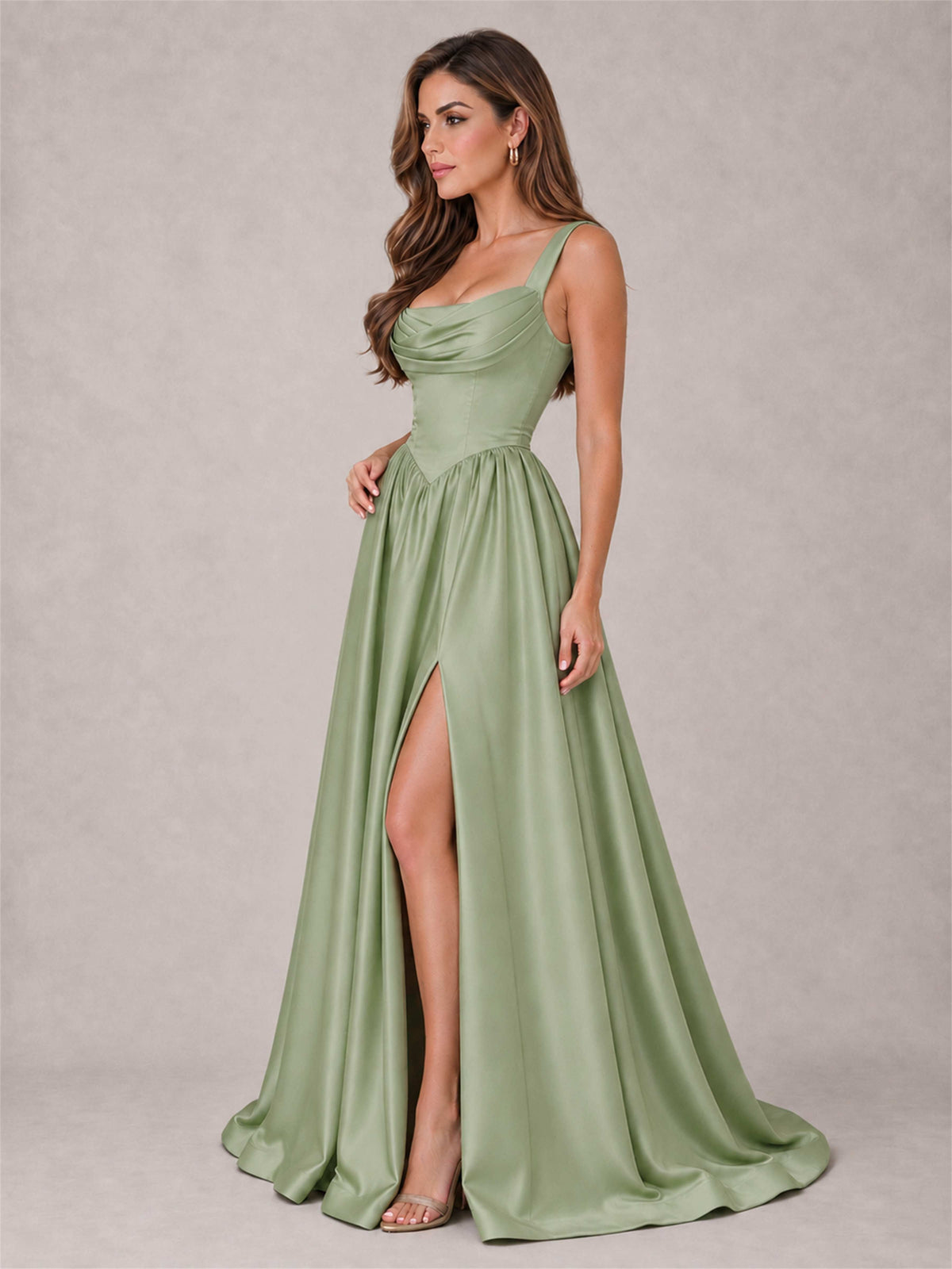 Cowl Neck Strap Satin Formal Dress High Slit A-Line Floor Length Evening Gown