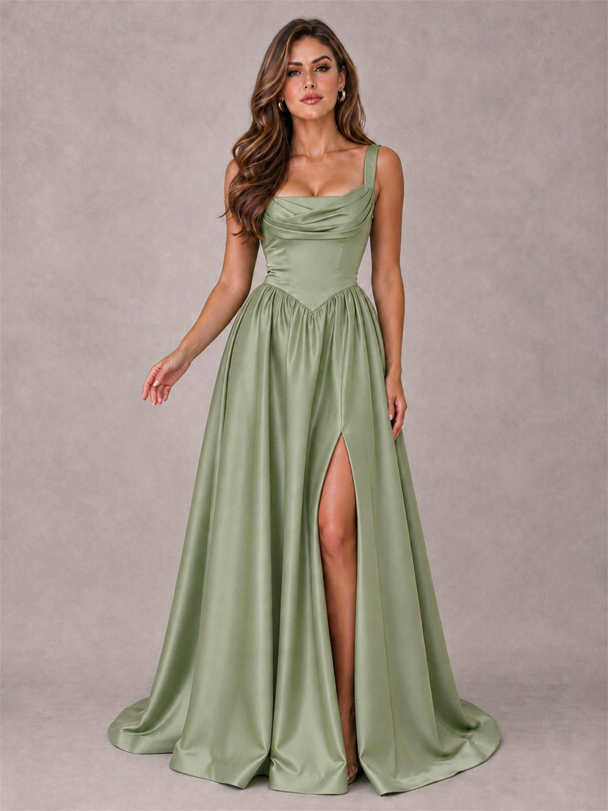 Cowl Neck Strap Satin Formal Dress High Slit A-Line Floor Length Evening Gown