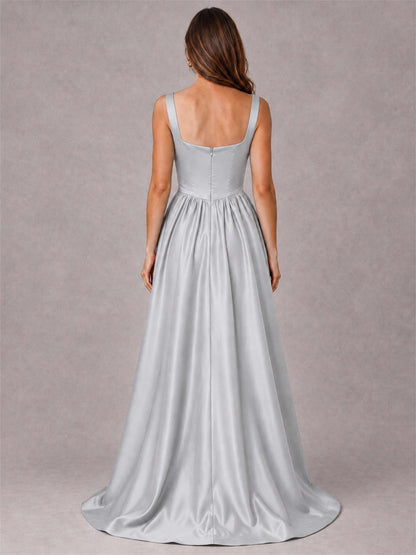 Cowl Neck Strap Satin Formal Dress High Slit A-Line Floor Length Evening Gown