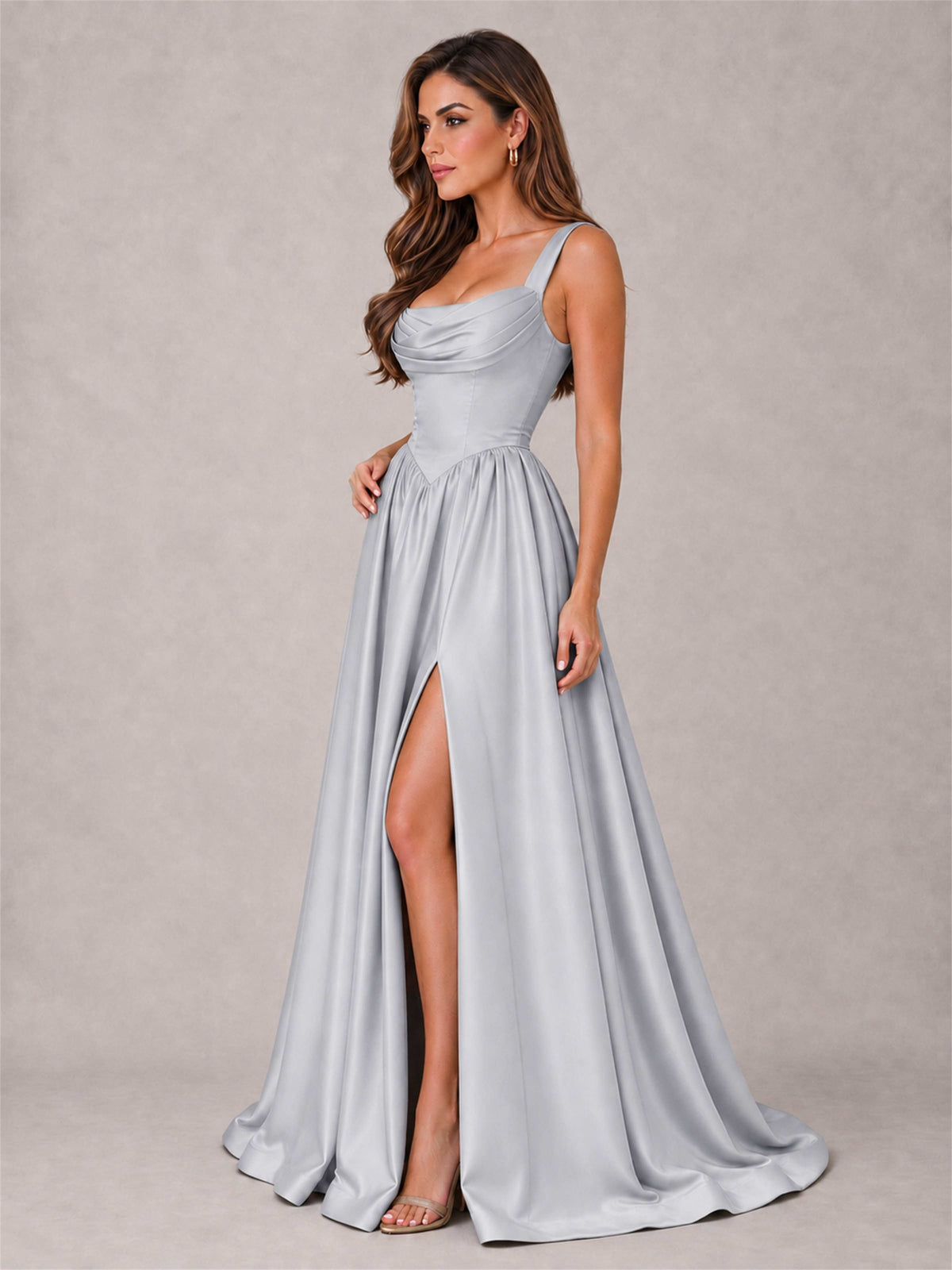 Cowl Neck Strap Satin Formal Dress High Slit A-Line Floor Length Evening Gown