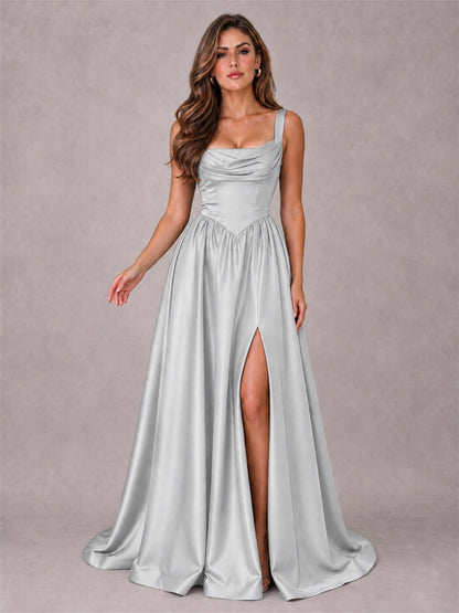 Cowl Neck Strap Satin Formal Dress High Slit A-Line Floor Length Evening Gown