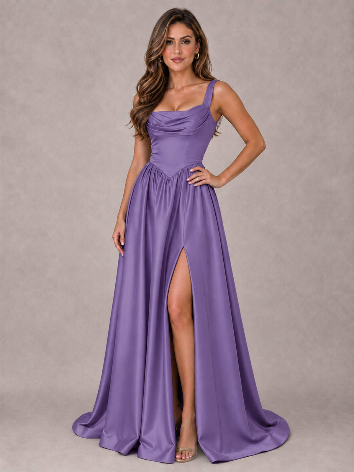 Cowl Neck Strap Satin Formal Dress High Slit A-Line Floor Length Evening Gown