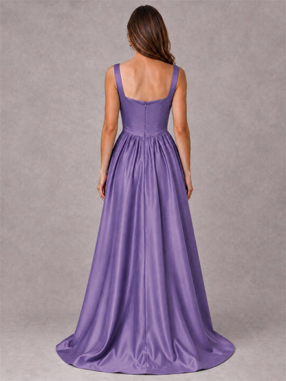 Cowl Neck Strap Satin Formal Dress High Slit A-Line Floor Length Evening Gown