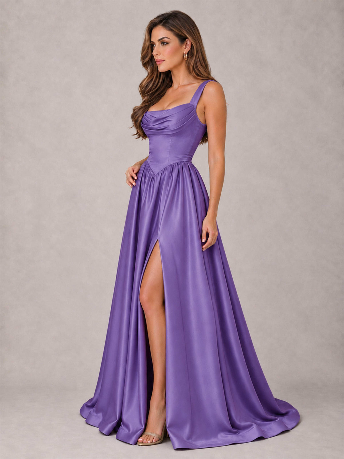 Cowl Neck Strap Satin Formal Dress High Slit A-Line Floor Length Evening Gown