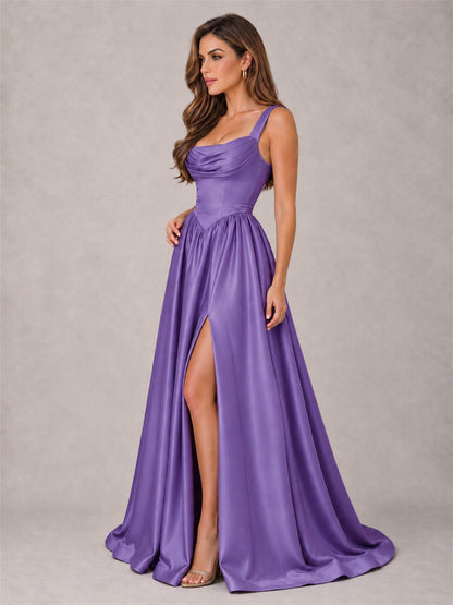 Cowl Neck Strap Satin Formal Dress High Slit A-Line Floor Length Evening Gown