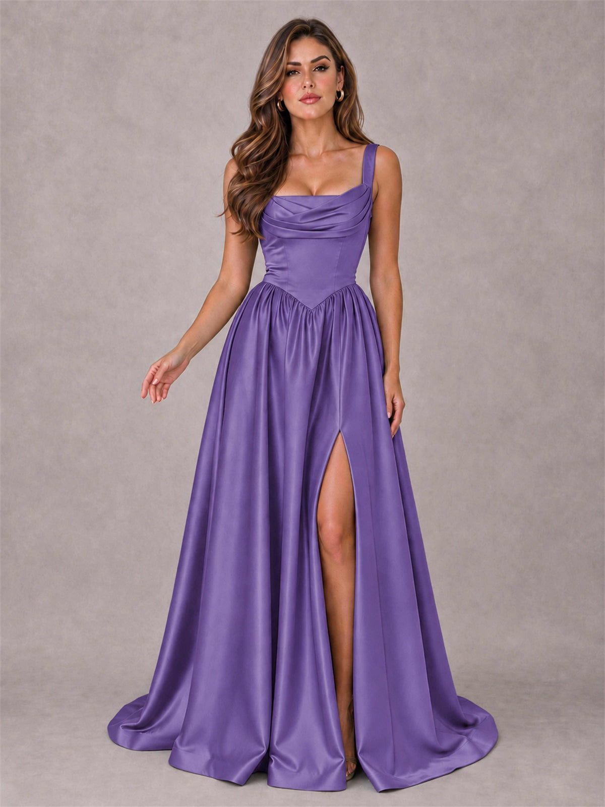Cowl Neck Strap Satin Formal Dress High Slit A-Line Floor Length Evening Gown