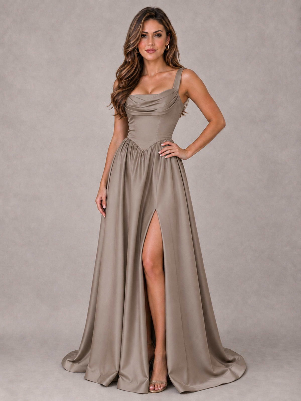 Cowl Neck Strap Satin Formal Dress High Slit A-Line Floor Length Evening Gown