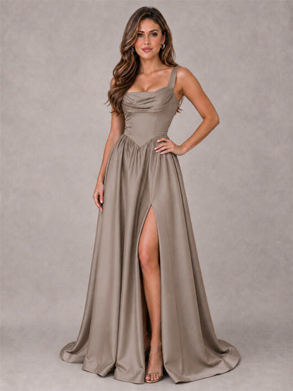 Cowl Neck Strap Satin Formal Dress High Slit A-Line Floor Length Evening Gown