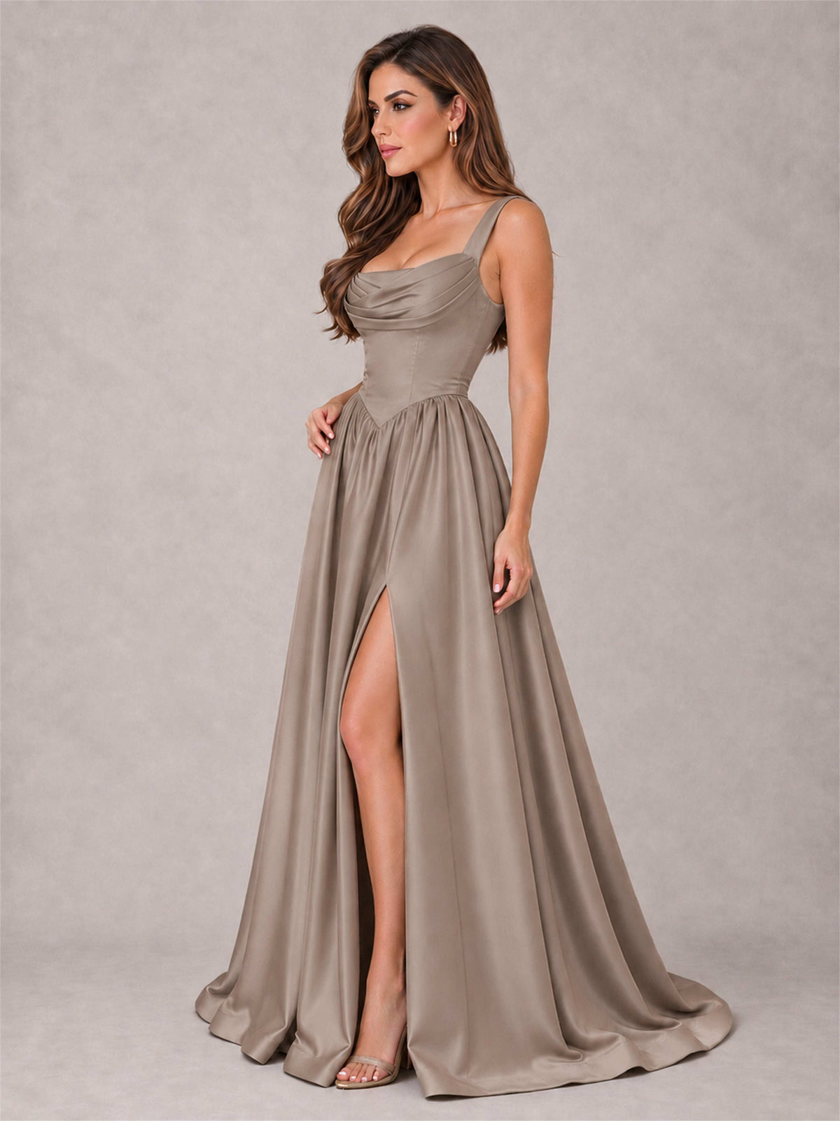 Cowl Neck Strap Satin Formal Dress High Slit A-Line Floor Length Evening Gown