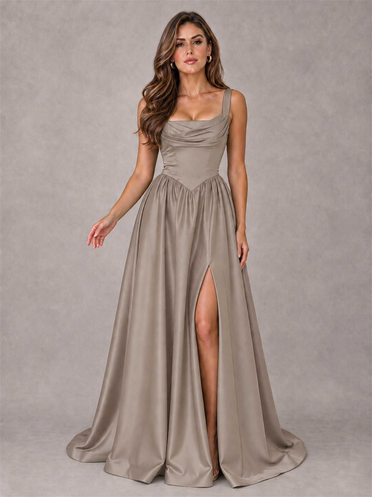 Cowl Neck Strap Satin Formal Dress High Slit A-Line Floor Length Evening Gown