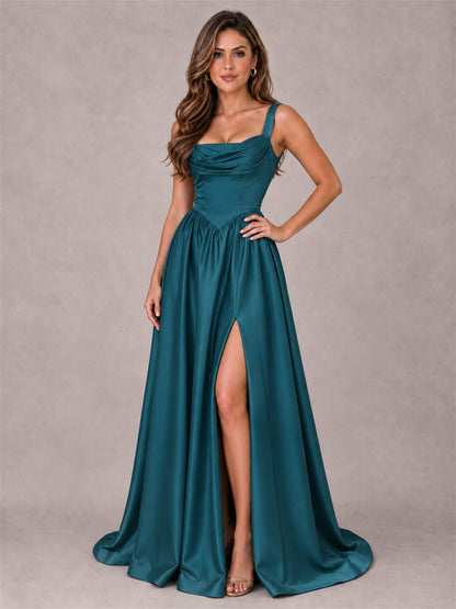 Cowl Neck Strap Satin Formal Dress High Slit A-Line Floor Length Evening Gown