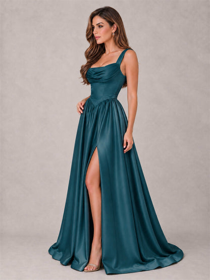 Cowl Neck Strap Satin Formal Dress High Slit A-Line Floor Length Evening Gown